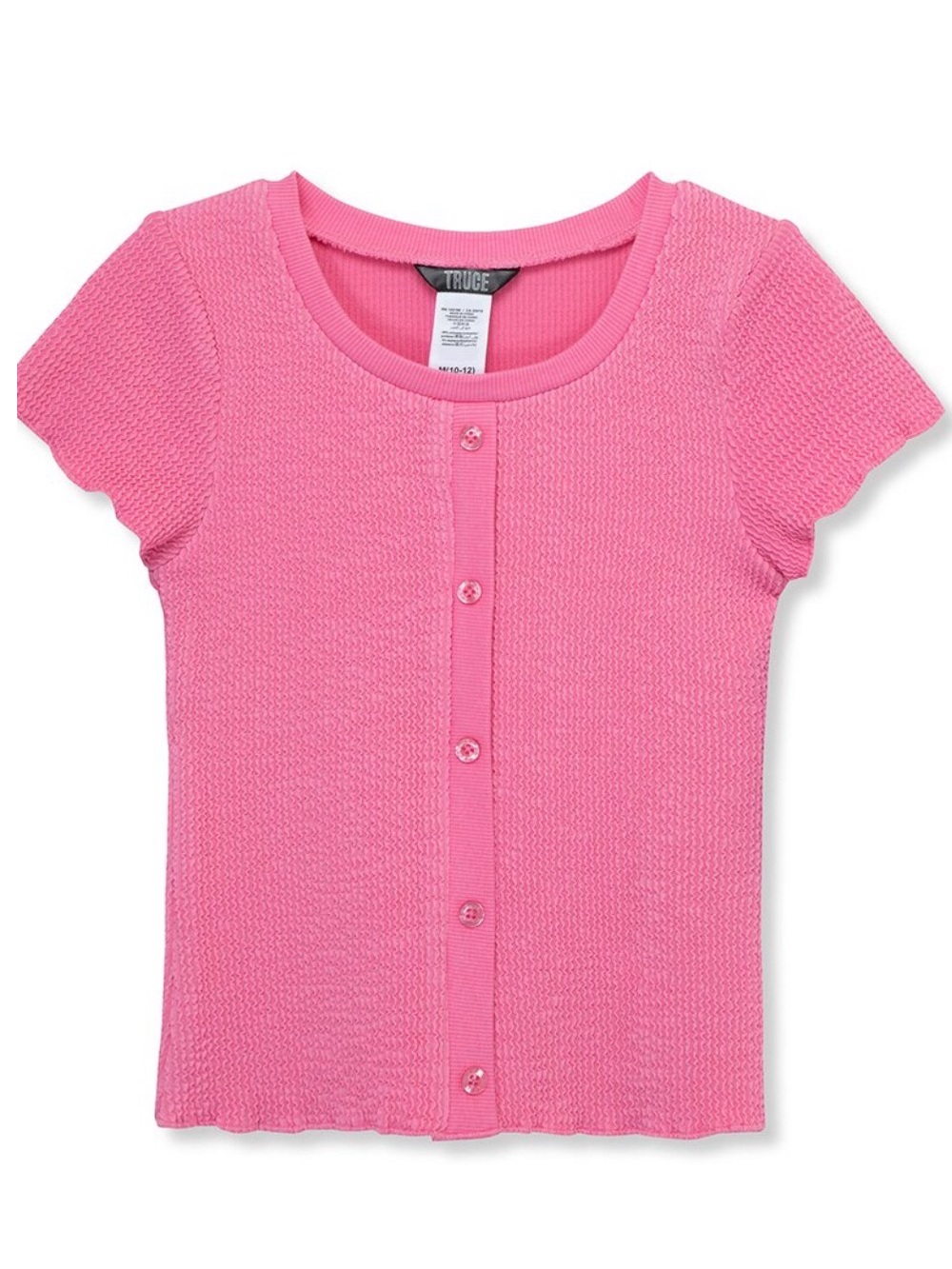 Truce Girls' Pink Ribbed Textured Short Sleeve Faux Button Front Top - XL (16)